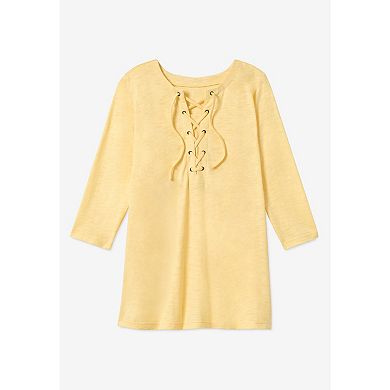 Woman Within Plus Size Lace-Up Three-Quarter Sleeve Tee