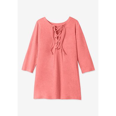 Woman Within Plus Size Lace-Up Three-Quarter Sleeve Tee