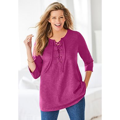 Woman Within Plus Size Lace-Up Three-Quarter Sleeve Tee