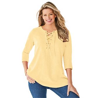 Woman Within Plus Size Lace-Up Three-Quarter Sleeve Tee