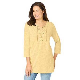 Woman Within Plus Size Lace-Up Three-Quarter Sleeve Tee
