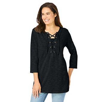 Woman Within Plus Size Lace-Up Three-Quarter Sleeve Tee