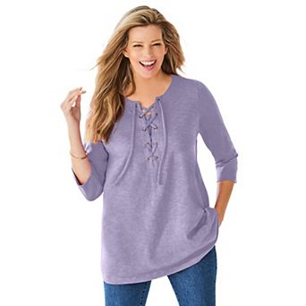 Woman Within Plus Size Lace-Up Three-Quarter Sleeve Tee