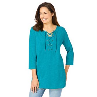 Woman Within Plus Size Lace-Up Three-Quarter Sleeve Tee