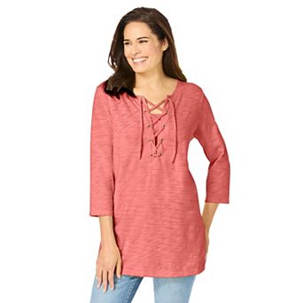Woman Within Plus Size Lace-Up Three-Quarter Sleeve Tee