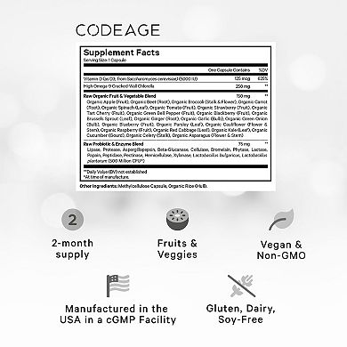 Codeage Raw Vitamin D3+ 5000 Iu, Omega-9, Probiotics, Digestive Enzymes, Raw Fruits & Greens, 60 Ct