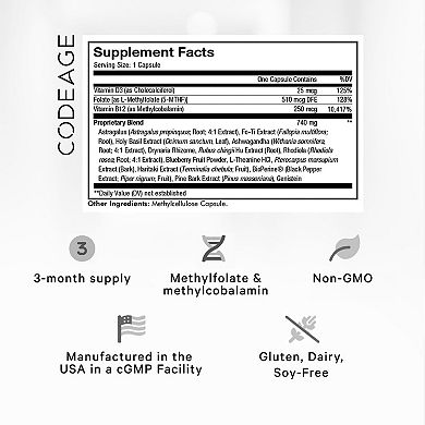 Codeage Ultra Life Telomeres - Folate 5-MTHF, D3 & B12 Supplement 90 ct