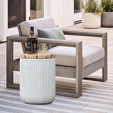 LuxenHome Gray Cement And Faux Wood Top Indoor Outdoor Side And End Table With Storage
