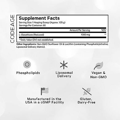 Codeage Liposomal Glutathione Powder 1000mg Supplement Reduced L-glutathione, Phospholipids, 2.22 Oz