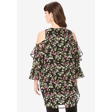 Roaman's Women's Plus Size Cold Shoulder Georgette Big Shirt
