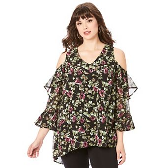Roaman's Women's Plus Size Cold Shoulder Georgette Big Shirt