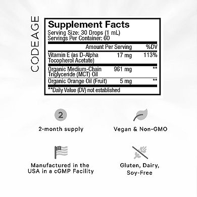 Codeage Liquid Vitamin E USDA-Certified Organic Supplement 2 fl oz