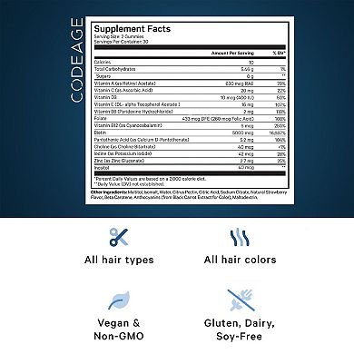 Codeage Hair Gummies Biotin Multivitamins Supplement 60 ct
