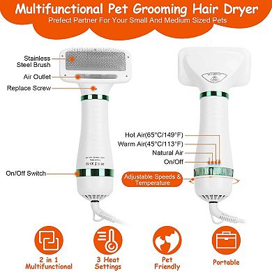 White, 2 In 1 Pet Grooming Hair Dryer Slicker Brush