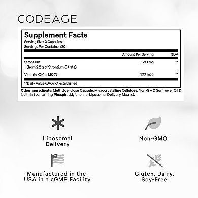 Codeage Liposomal Strontium Supplement, Vitamin K2 Mk-7, Strontium Citrate, Bioavailable, 90 Ct