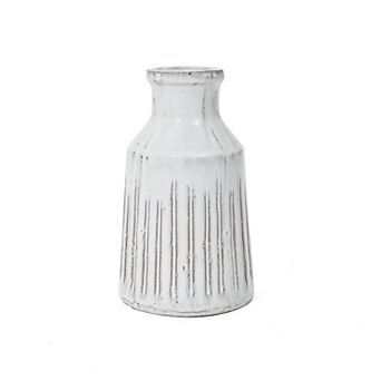 LuxenHome Vintage White Ribbed Terracotta Round Vase