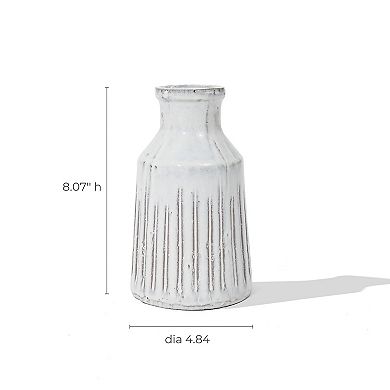 LuxenHome Vintage White Ribbed Terracotta Round Vase