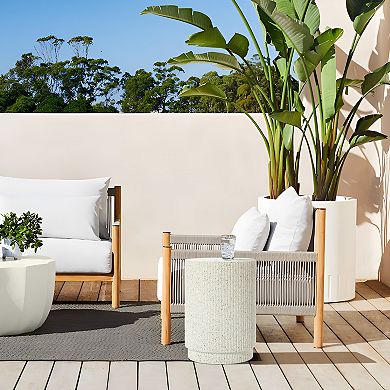 LuxenHome Ivory White Cement Round Outdoor Side Table
