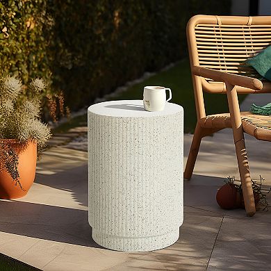 LuxenHome Ivory White Cement Round Outdoor Side Table