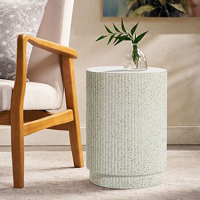 LuxenHome Ivory White Cement Round Outdoor Side Table