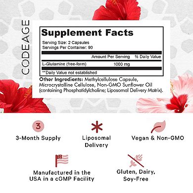 Codeage Liposomal L-glutamine 1000mg Supplement, Free-form Glutamine Formula, 3-month Supply, 180 Ct