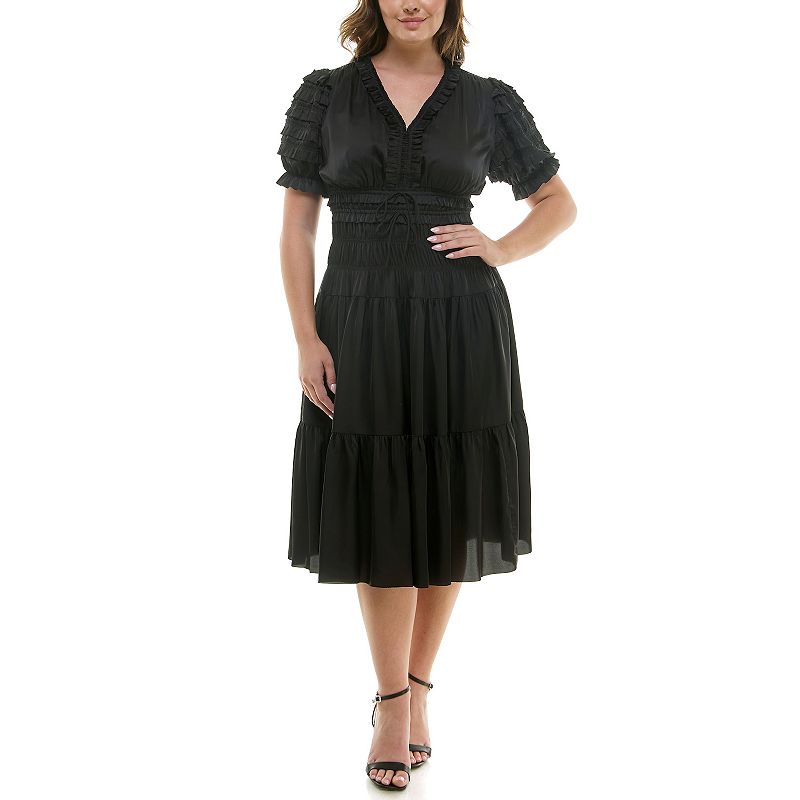 nanette lepore black dress Women's Short Sleeve with Ruffle Sleeve + Chest Detail Drop Length:27