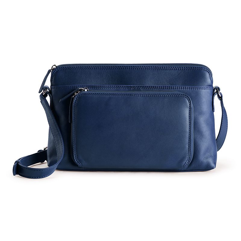 ili Leather East-West RFID-Blocking Organizer Crossbody Bag, Navy Blue