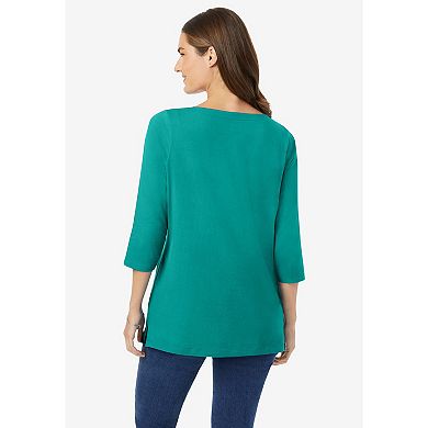 Woman Within Plus Size Perfect Three-Quarter Sleeve Boatneck Tee