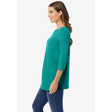 Woman Within Plus Size Perfect Three-Quarter Sleeve Boatneck Tee