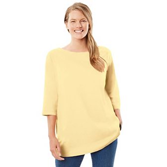 Woman Within Plus Size Perfect Three-Quarter Sleeve Boatneck Tee