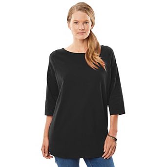 Woman Within Plus Size Perfect Three-Quarter Sleeve Boatneck Tee