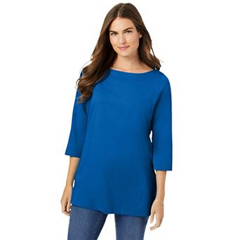 Woman Within Plus Size Perfect Three-Quarter Sleeve Boatneck Tee