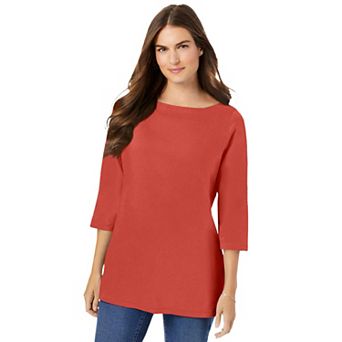 Woman Within Plus Size Perfect Three-Quarter Sleeve Boatneck Tee