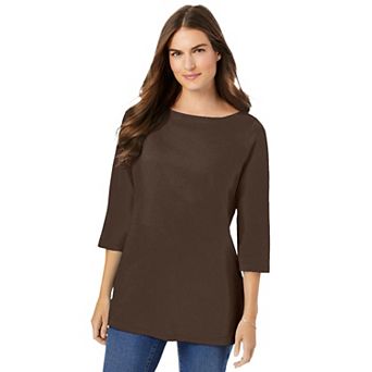 Woman Within Plus Size Perfect Three-Quarter Sleeve Boatneck Tee