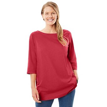 Woman Within Plus Size Perfect Three-Quarter Sleeve Boatneck Tee