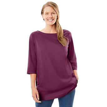 Woman Within Plus Size Perfect Three-Quarter Sleeve Boatneck Tee