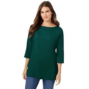 Woman Within Plus Size Perfect Three-Quarter Sleeve Boatneck Tee