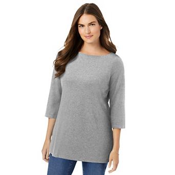 Woman Within Plus Size Perfect Three-Quarter Sleeve Boatneck Tee
