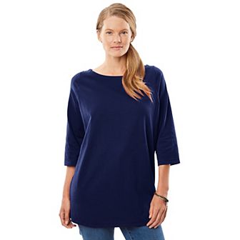 Woman Within Plus Size Perfect Three-Quarter Sleeve Boatneck Tee