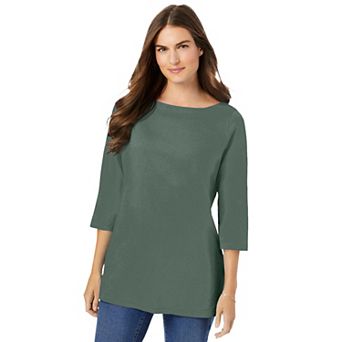 Woman Within Plus Size Perfect Three-Quarter Sleeve Boatneck Tee