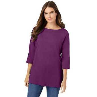 Woman Within Plus Size Perfect Three-Quarter Sleeve Boatneck Tee