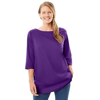 Woman Within Plus Size Perfect Three-Quarter Sleeve Boatneck Tee