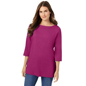 Woman Within Plus Size Perfect Three-Quarter Sleeve Boatneck Tee