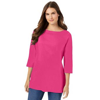 Woman Within Plus Size Perfect Three-Quarter Sleeve Boatneck Tee