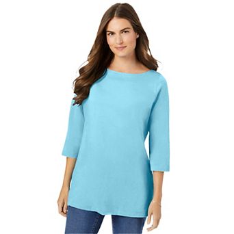 Woman Within Plus Size Perfect Three-Quarter Sleeve Boatneck Tee