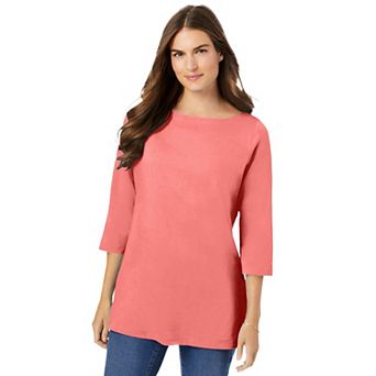 Woman Within Plus Size Perfect Three-Quarter Sleeve Boatneck Tee