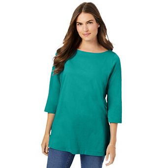 Woman Within Plus Size Perfect Three-Quarter Sleeve Boatneck Tee