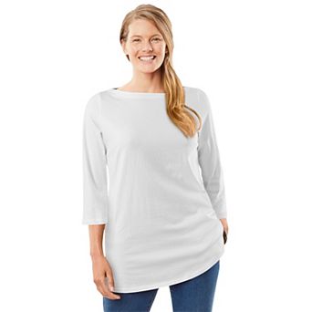 Woman Within Plus Size Perfect Three-Quarter Sleeve Boatneck Tee