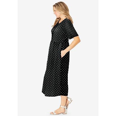 Woman Within Plus Size Button-Front Elbow-Sleeve Knit Dress