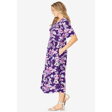 Woman Within Plus Size Button-Front Elbow-Sleeve Knit Dress